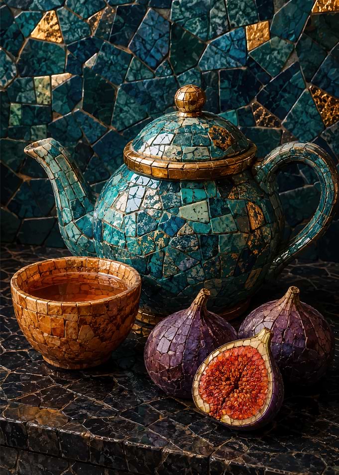 Mosaic Teapot and Fig Still Life