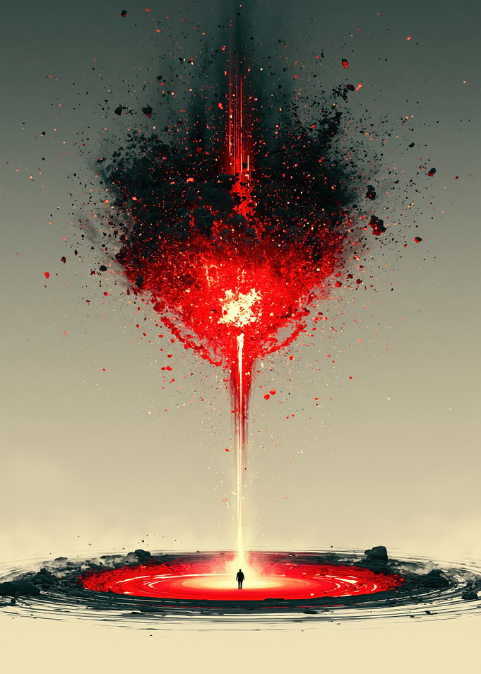 Lone Figure Facing Red Energy Explosion