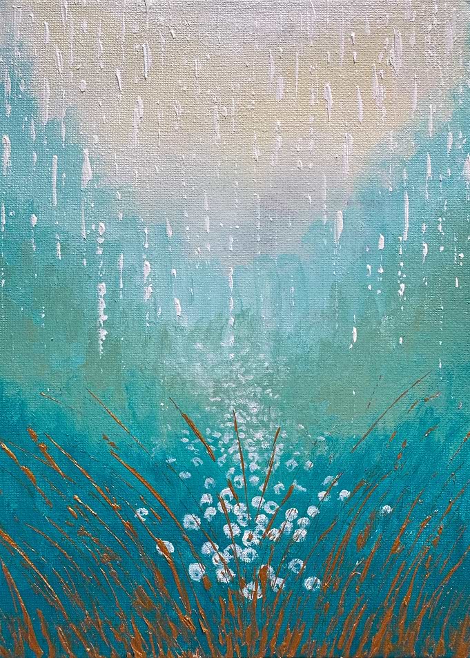 Abstract Teal and Gold Rain Painting