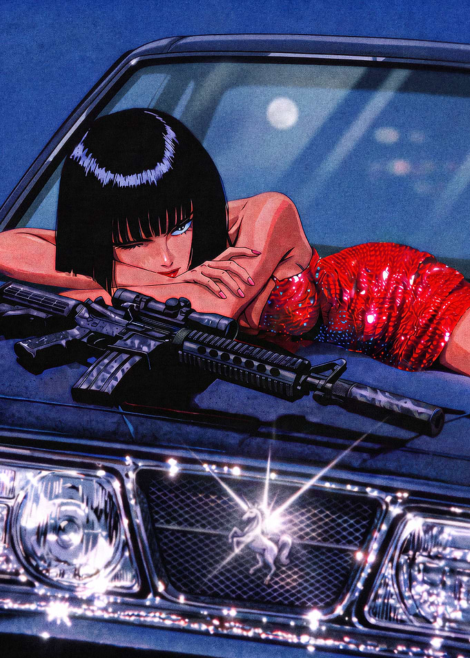 Anime Girl with Rifle on Car