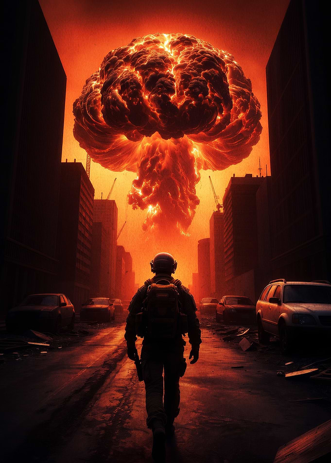 Soldier Walking Toward Nuclear Explosion