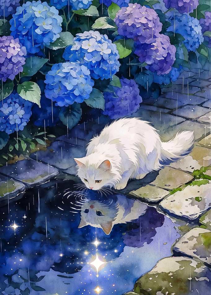 White Cat Reflecting in Rain Puddle