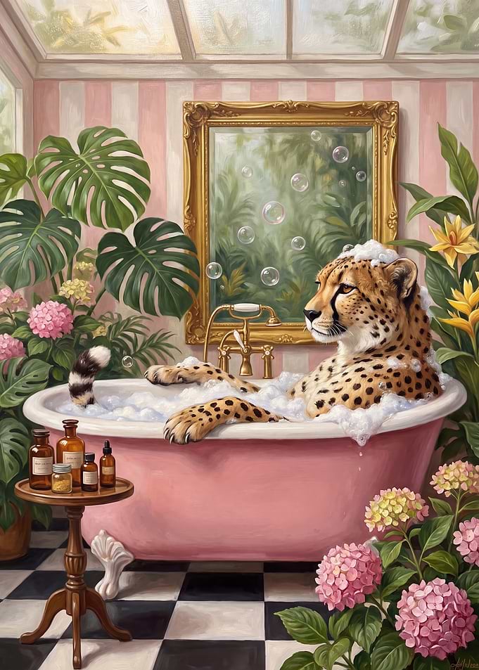 Cheetah Relaxing in a Pink Bathtub
