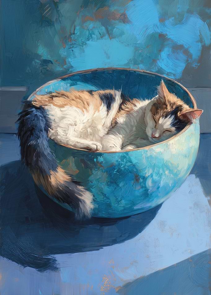 Cat Sleeping in Blue Bowl