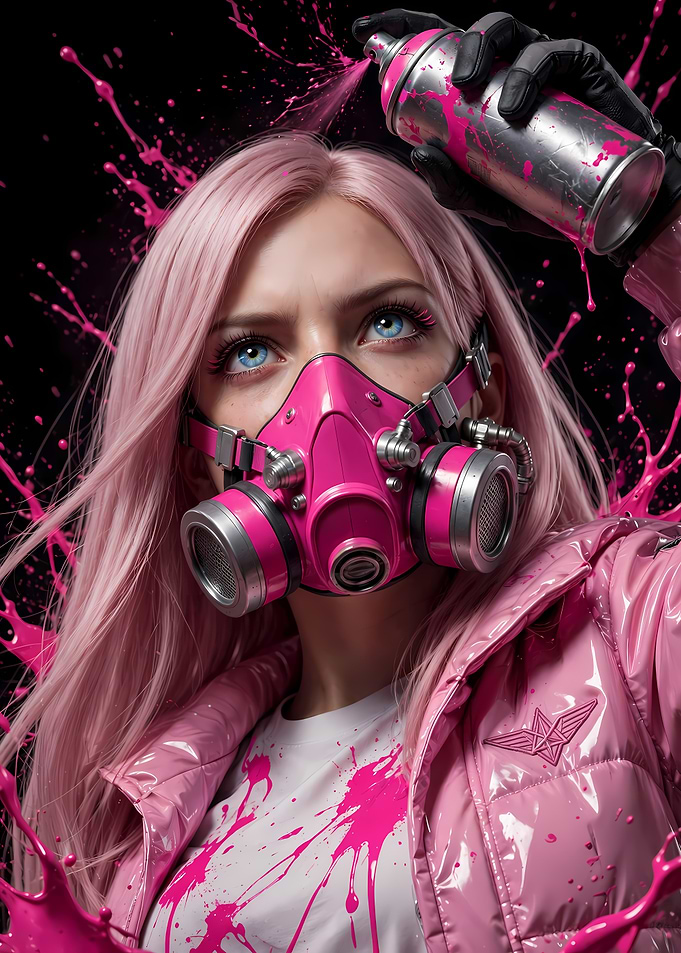 Pink Graffiti Artist with Gas Mask