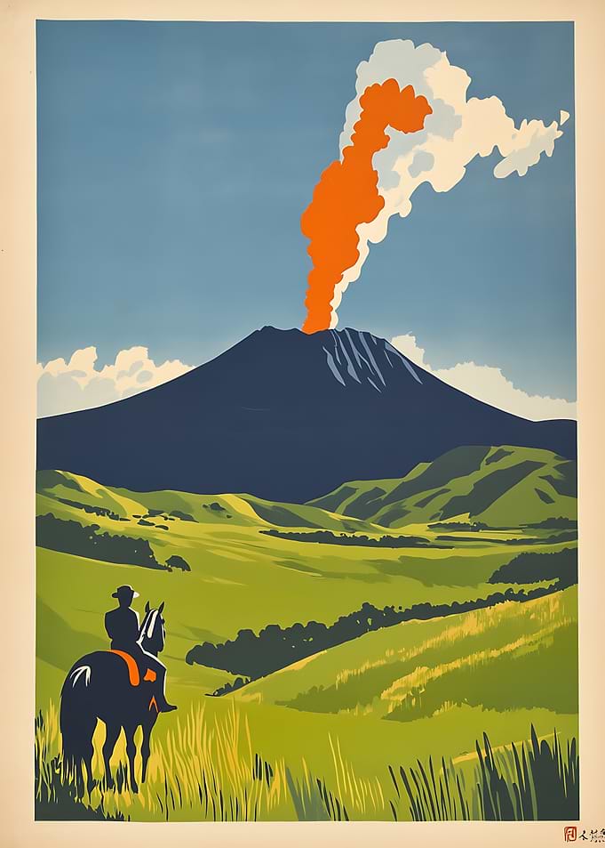 Vintage Style Volcano Landscape Poster