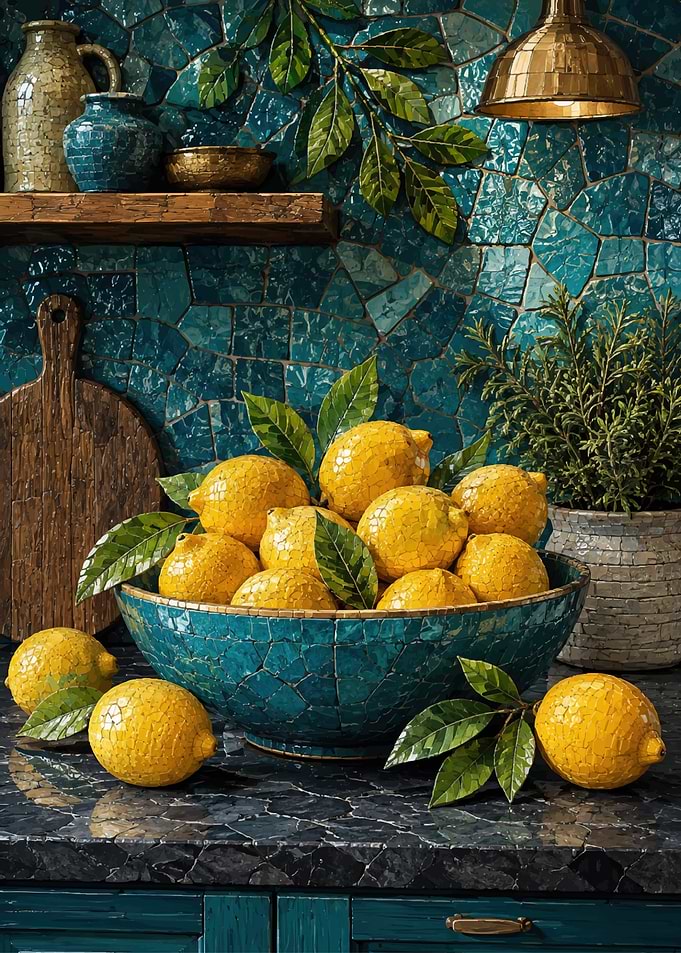 Yellow Lemons in Mosaic Bowl