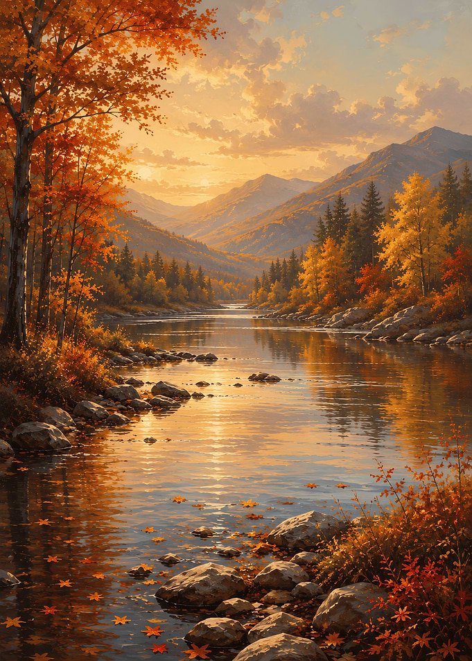 Golden Autumn River Mountain Landscape