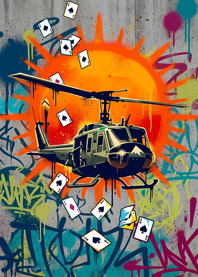 Helicopter and Playing Cards Graffiti Art