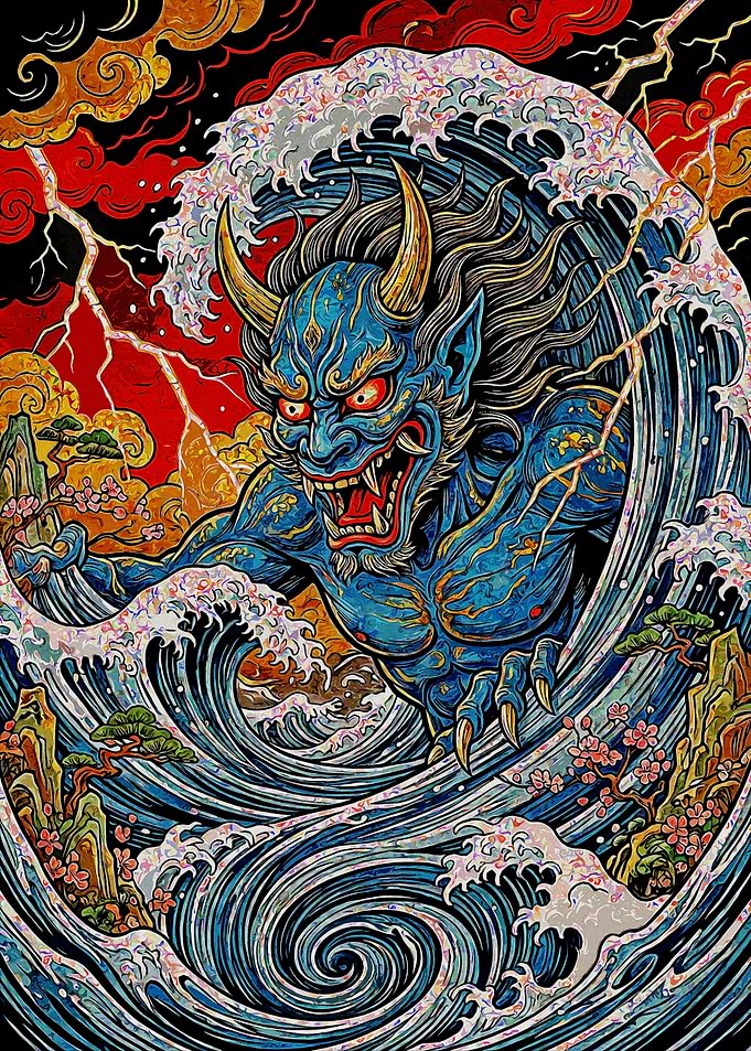Blue Oni Demon in Stormy Sea