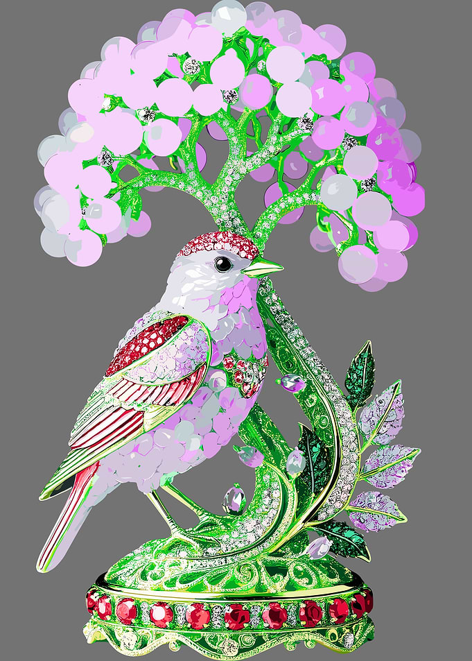 Jeweled Bird on Flowering Tree Figurine