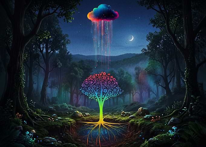 Magical Rainbow Tree in Enchanted Forest