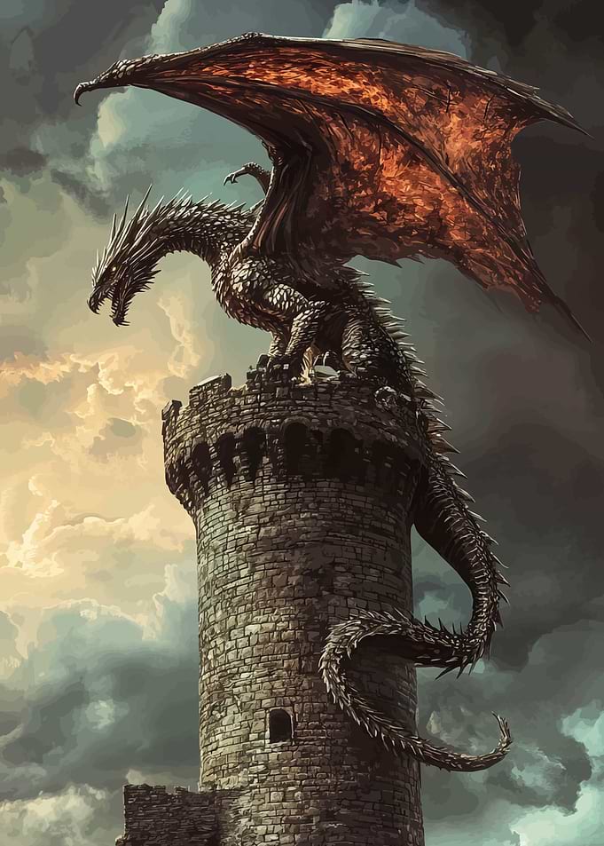 Dragon Perched on Stone Tower