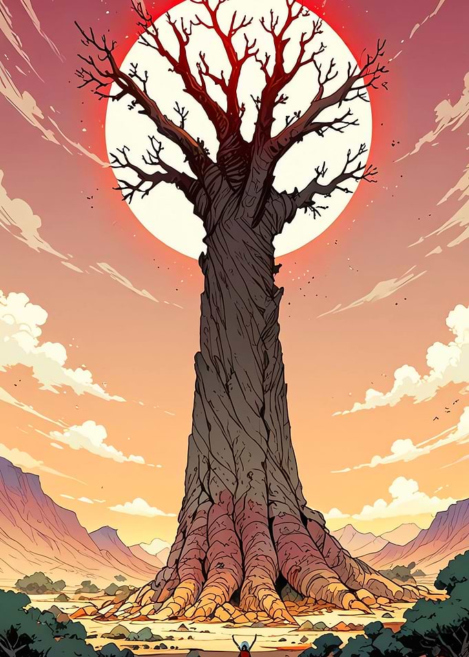 Giant Twisted Tree Under Red Sun