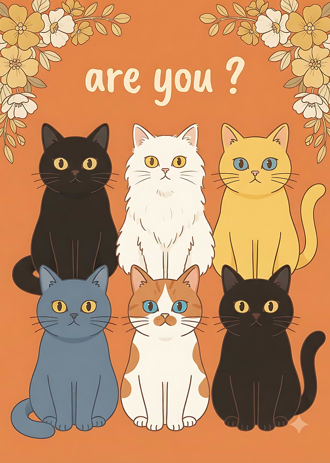 Six Cats Illustration with Floral Accents