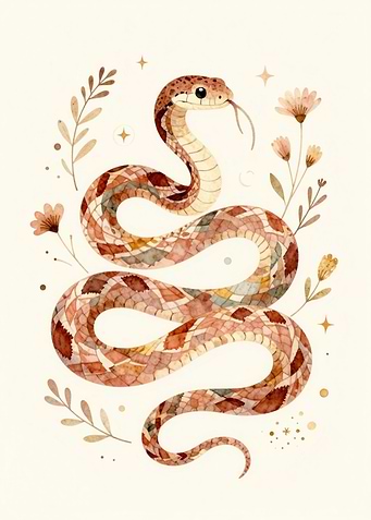 Watercolor Cute Snake with Floral Elements