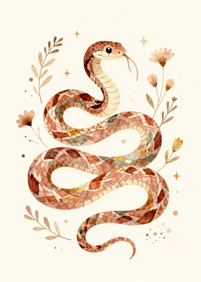 Watercolor Cute Snake with Floral Elements