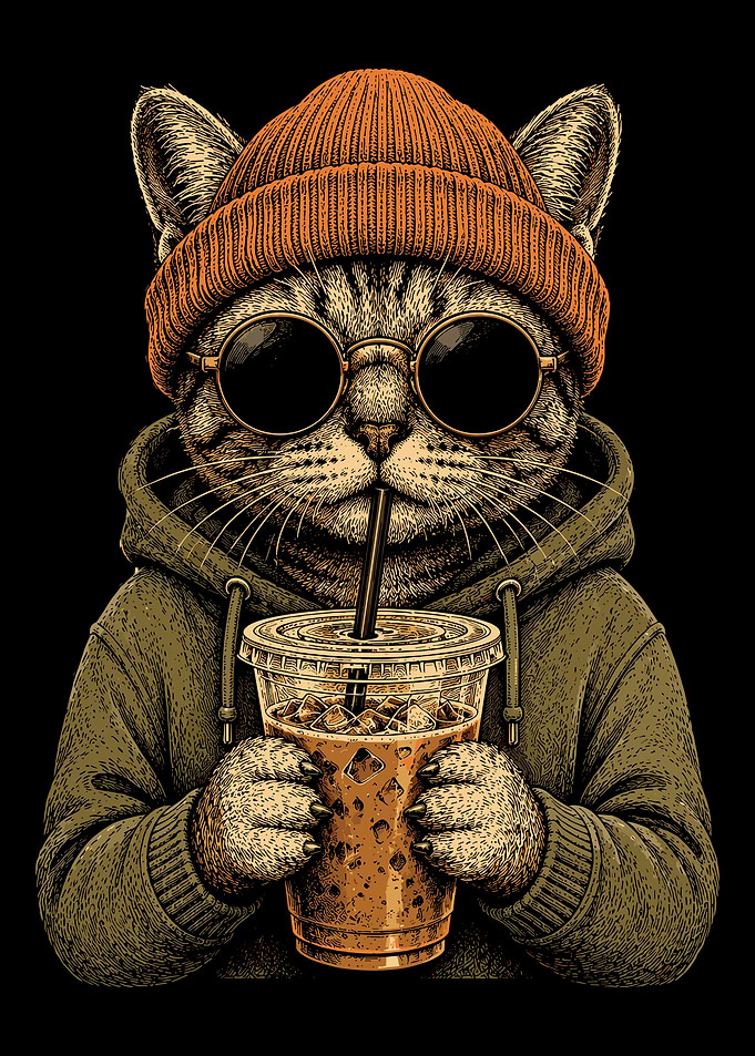 Cool Cat Drinking Iced Coffee