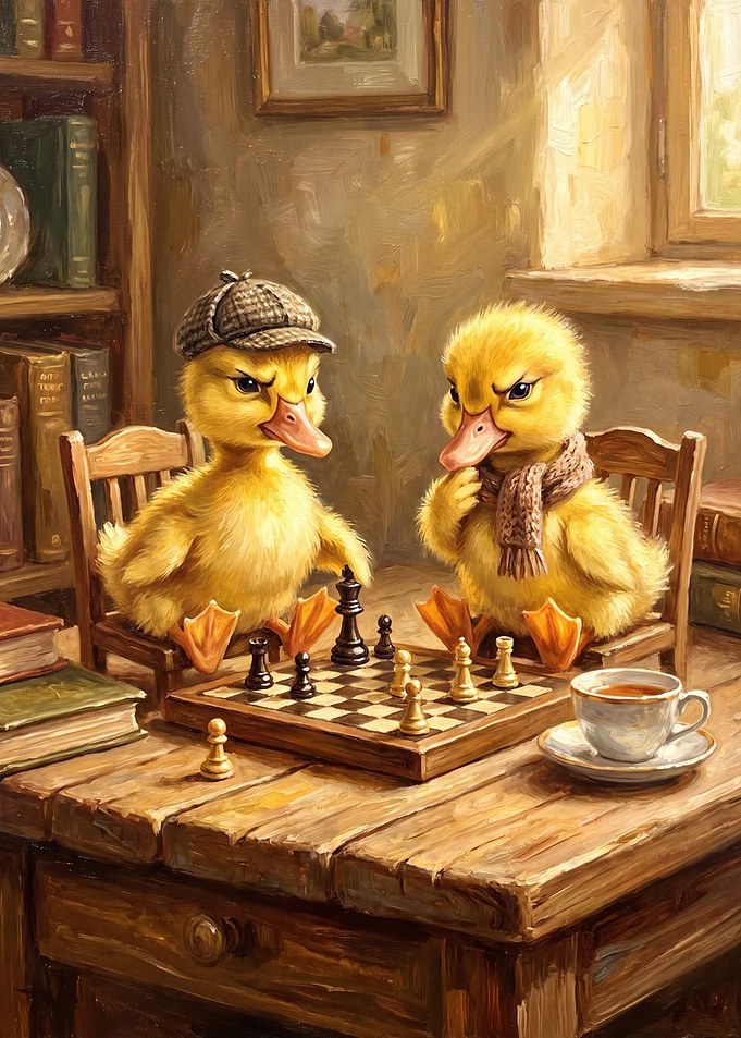 Two Ducklings Playing Chess