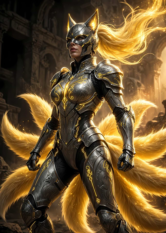 Armored Kitsune Warrior in Golden Light