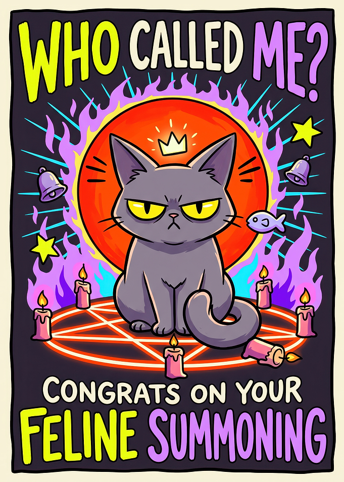 Funny Feline Summoning Cat Illustration