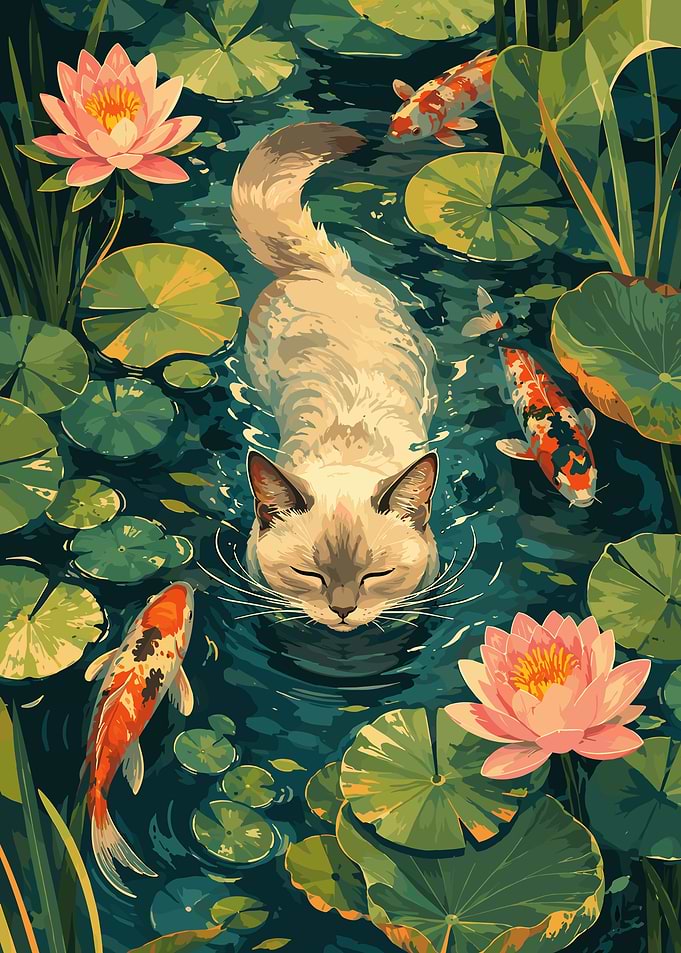Cat Swimming Among Koi and Lilies