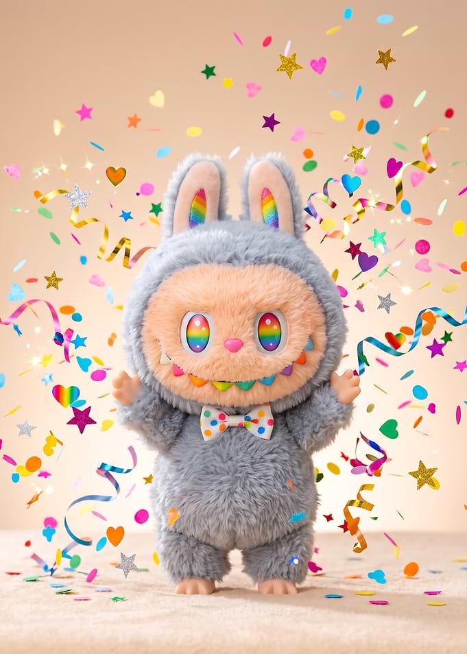 Cute Fuzzy Monster Celebrating with Confetti