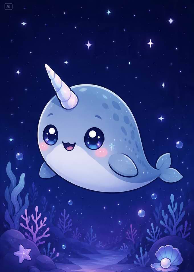 Cute Kawaii Narwhal Underwater Scene