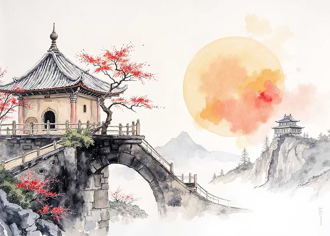 Watercolor Pagoda and Bridge Landscape