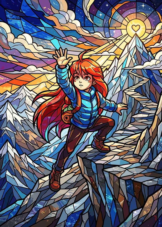 Madeline Climbing Celeste Mountain Stained Glass