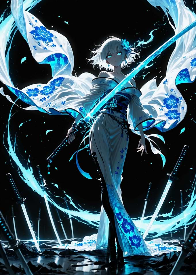 Blue Floral Samurai Anime Girl
