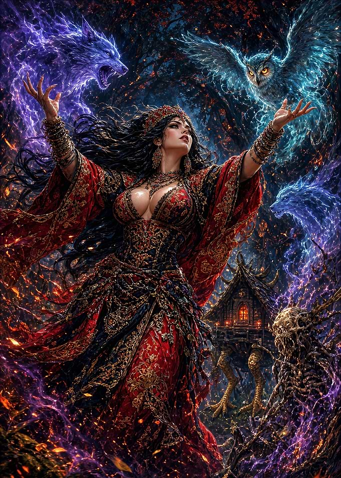 Sorceress Summoning Spirits in Dark Forest