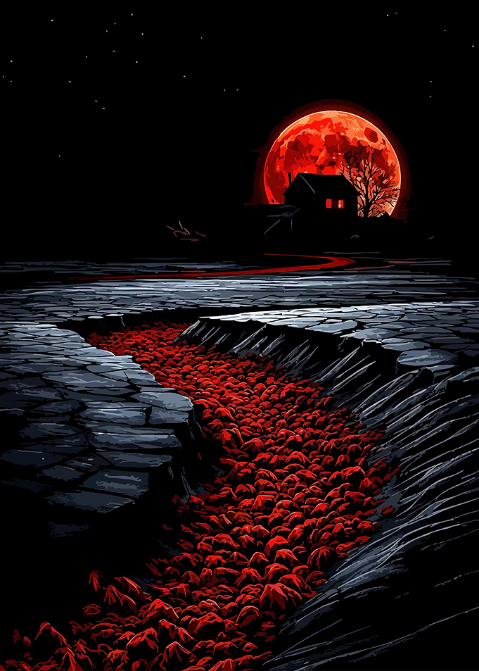 Eerie Red Moon Over Rocky Path