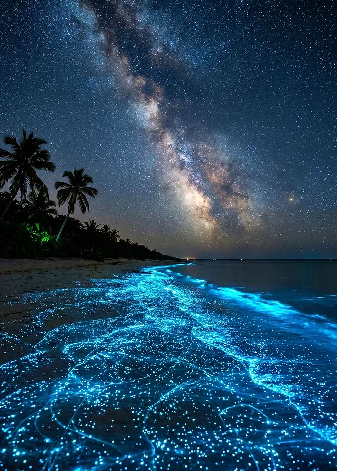 Bioluminescent Beach Under Milky Way