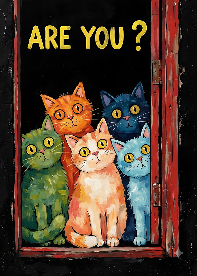 Five Colorful Cats Peeking Through Door