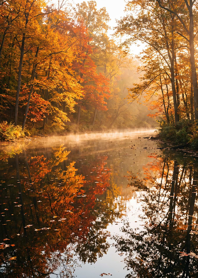 Misty Autumn Forest River Reflection