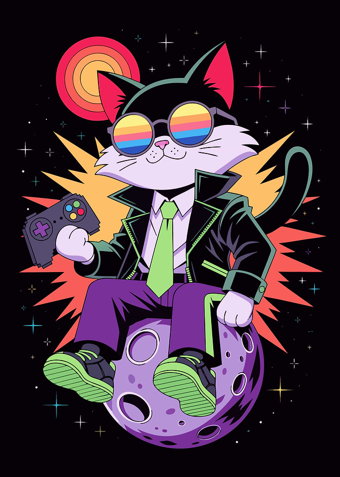 Retro Gamer Cat on Moon