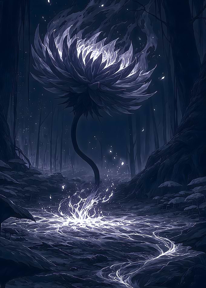 Glowing Ethereal Flower in Dark Forest