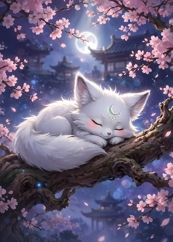 Sleeping White Fox Under Cherry Blossoms