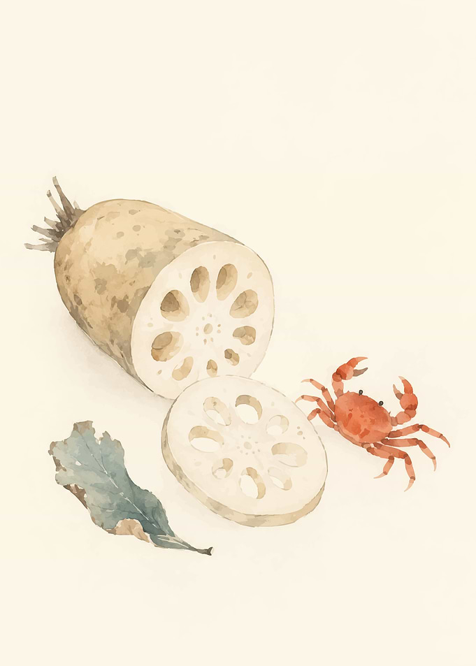 Watercolor Lotus Root and Crab Illustration
