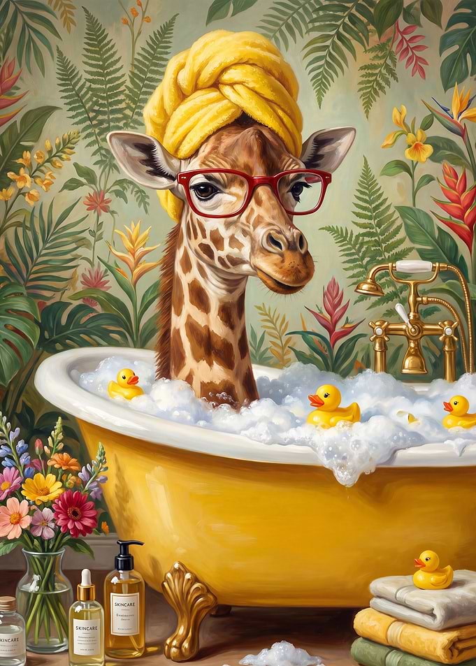 Giraffe Taking a Relaxing Bubble Bath
