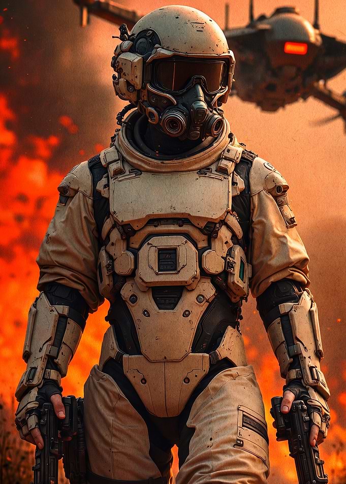 Futuristic Soldier in War Zone