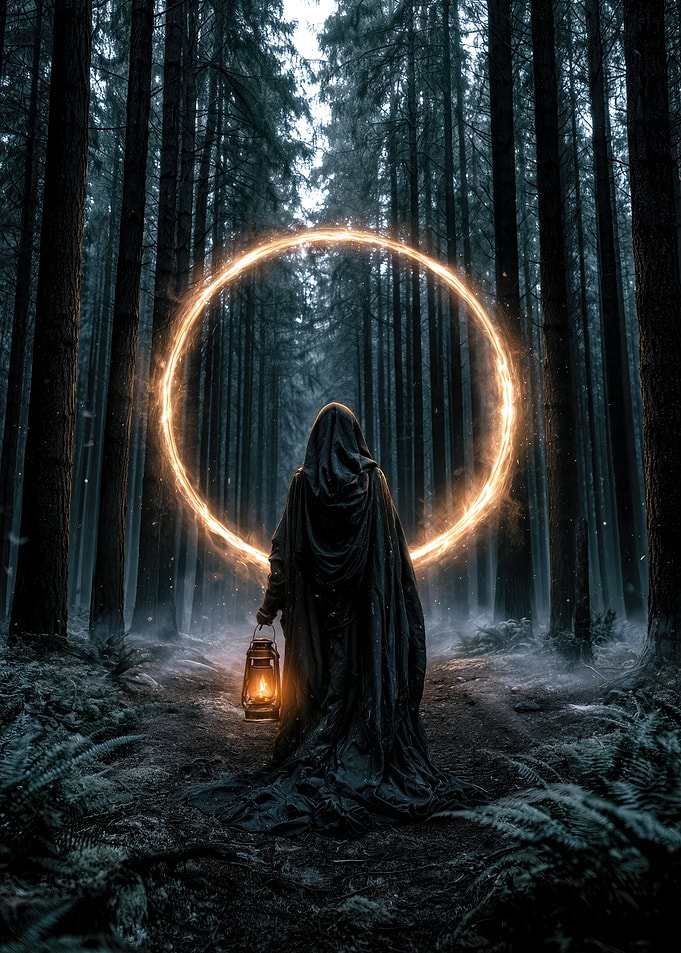 Cloaked Figure with Glowing Portal