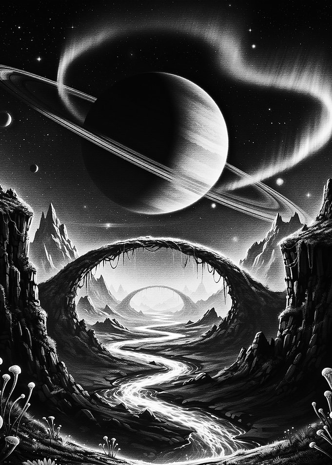 Surreal Alien Landscape with Saturn Planet