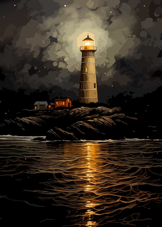 Lighthouse at Night on Rocky Island