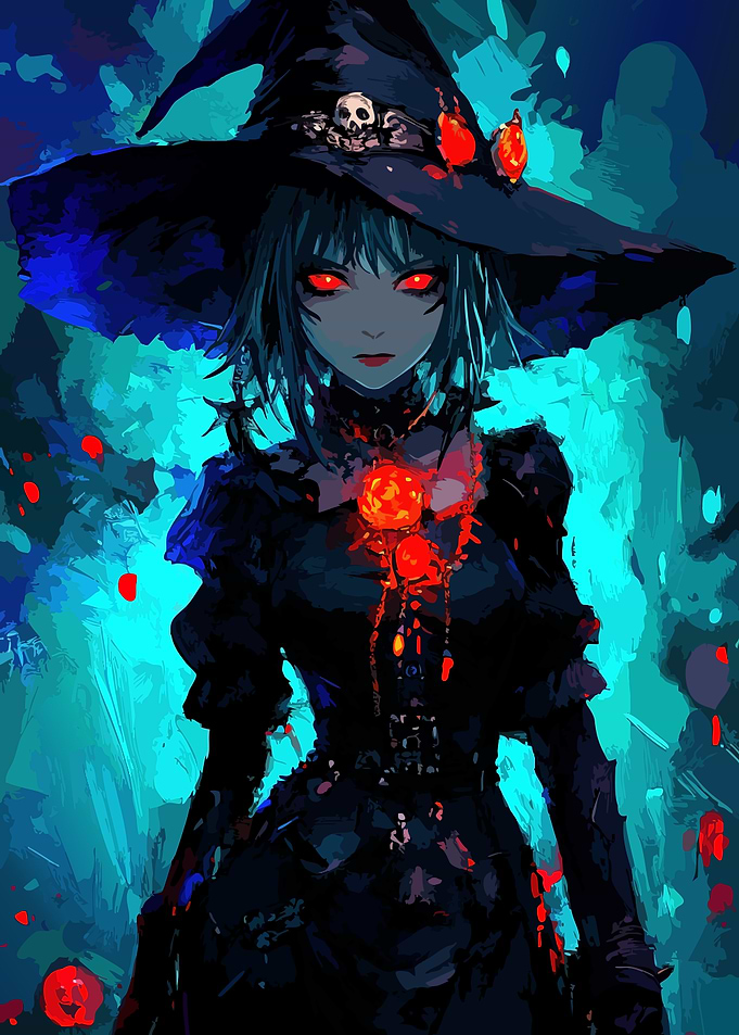 Dark Anime Witch with Glowing Eyes