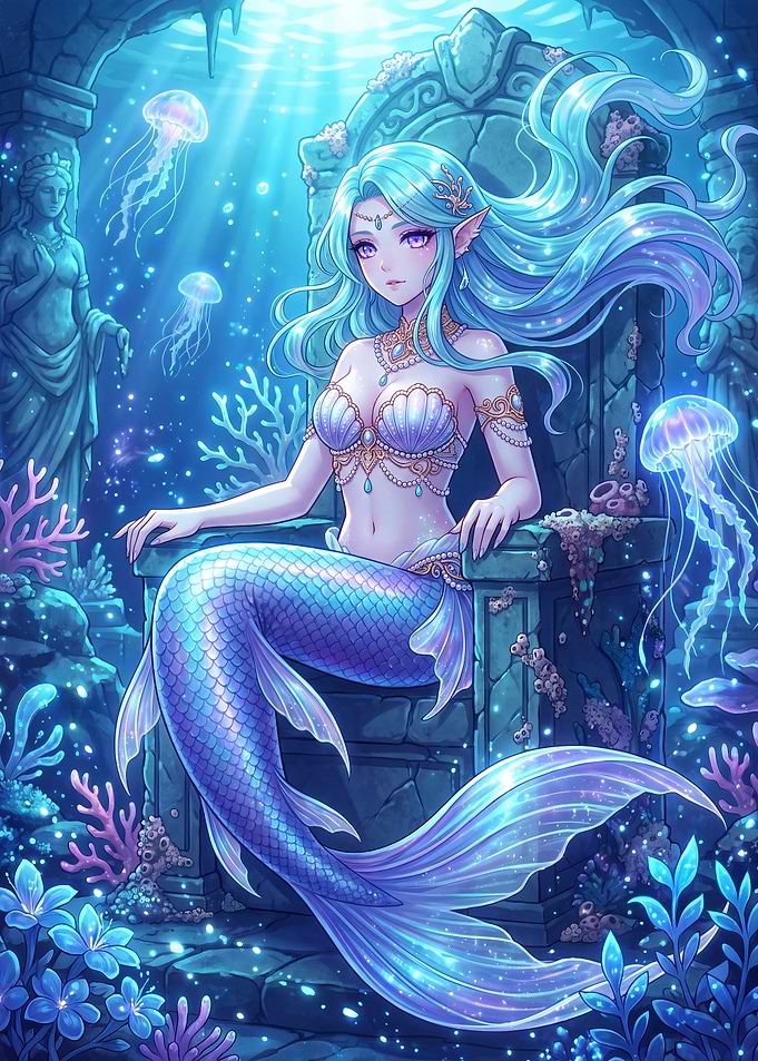 Beautiful Mermaid Queen on Underwater Throne