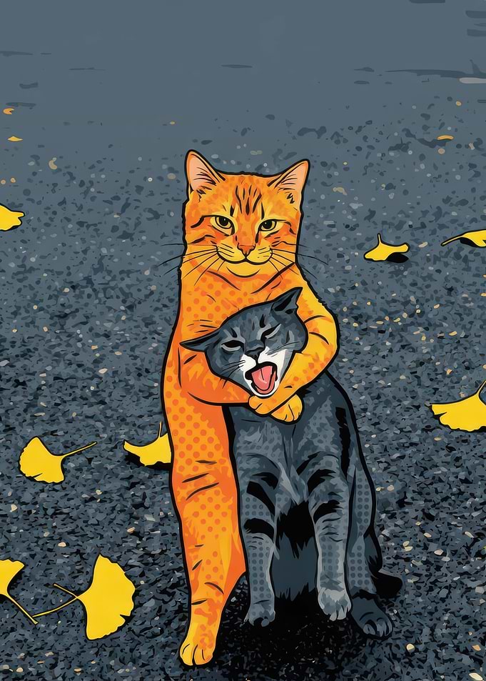 Orange Cat Hugging Grey Cat