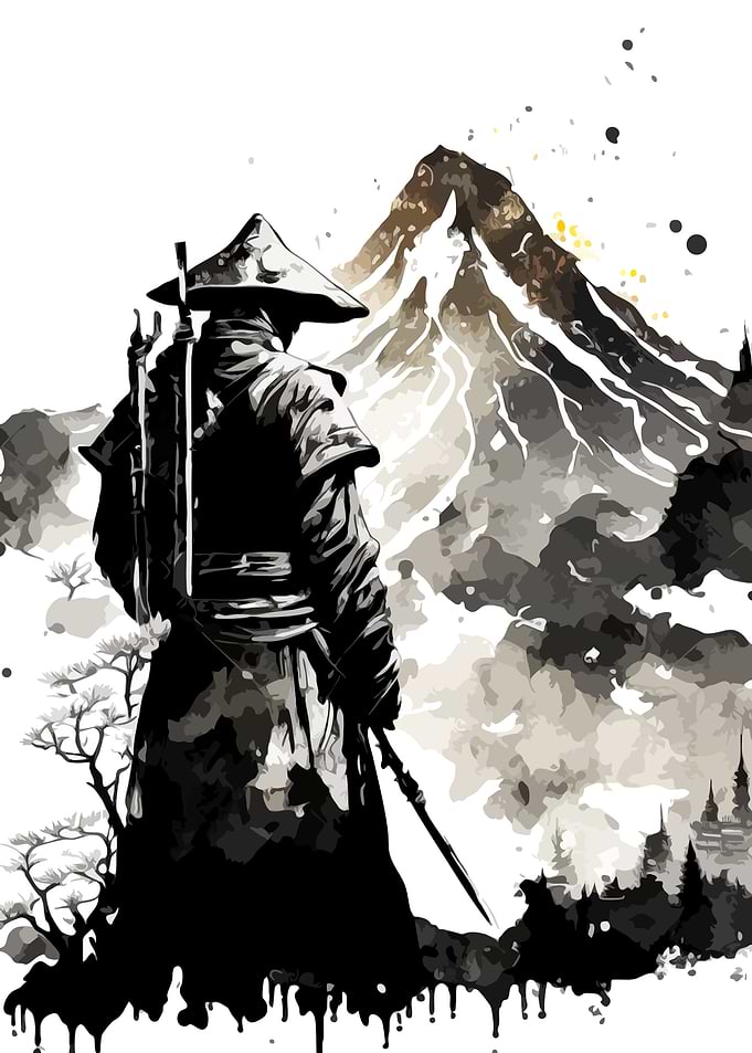 Samurai Warrior Before Mountain Peak