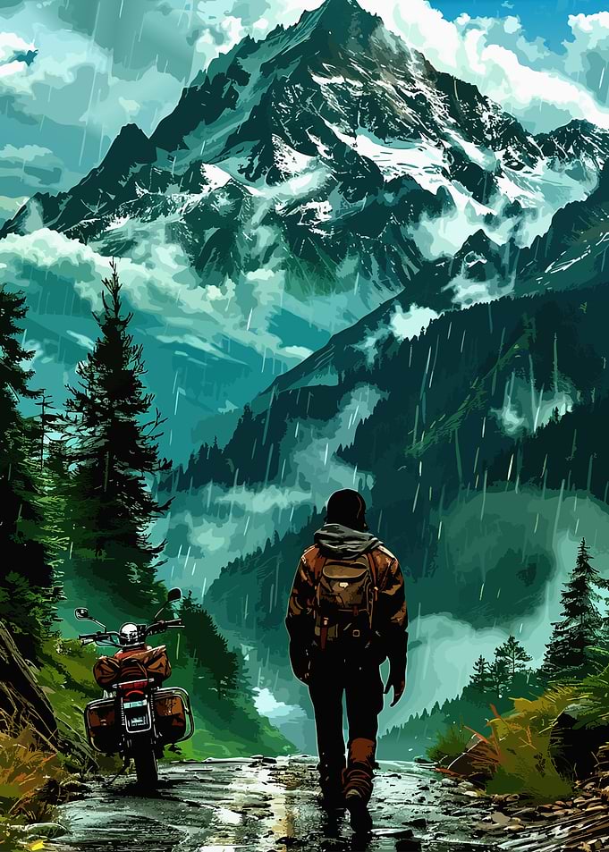 Motorcyclist Walking Toward Snowy Mountains